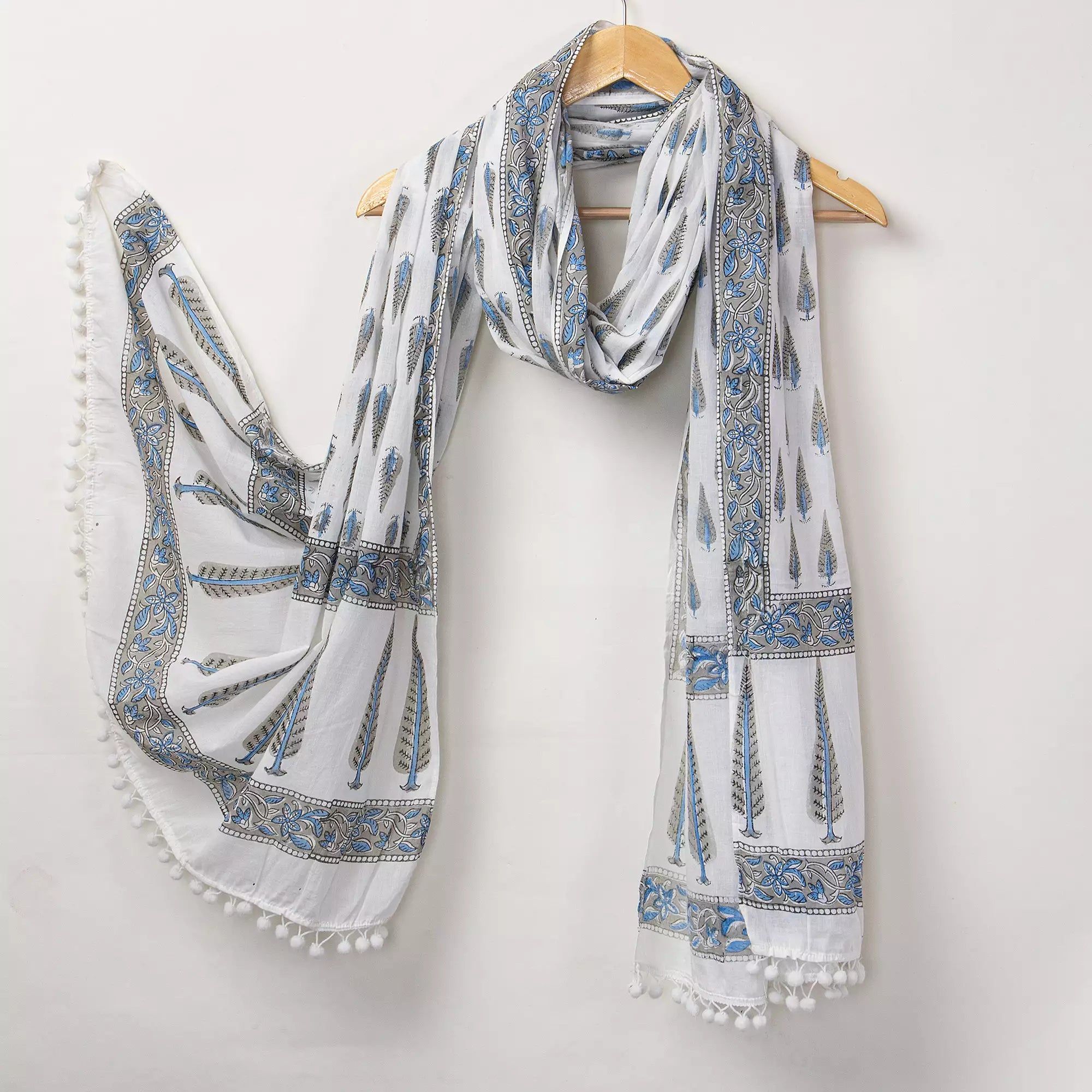 Hand Block Printed Gray Leaf Pure Cotton Dupatta for Girls